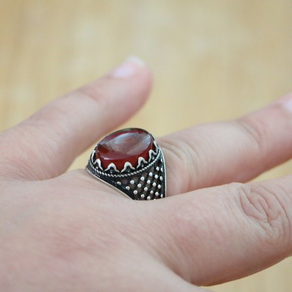 925 Sterling Silver Men's Rings with Red Agate - Picture 3 of 10